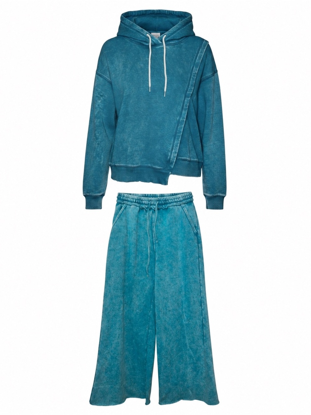 Zenana Acid Wash Hoodie Palazzo Pants Matching Set Teal Medium EUC